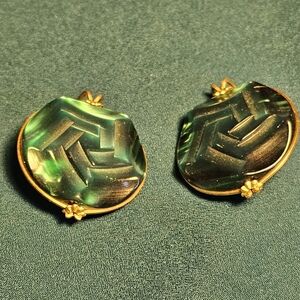 Gold-Trim Green Cabochon Clip-On Earrings